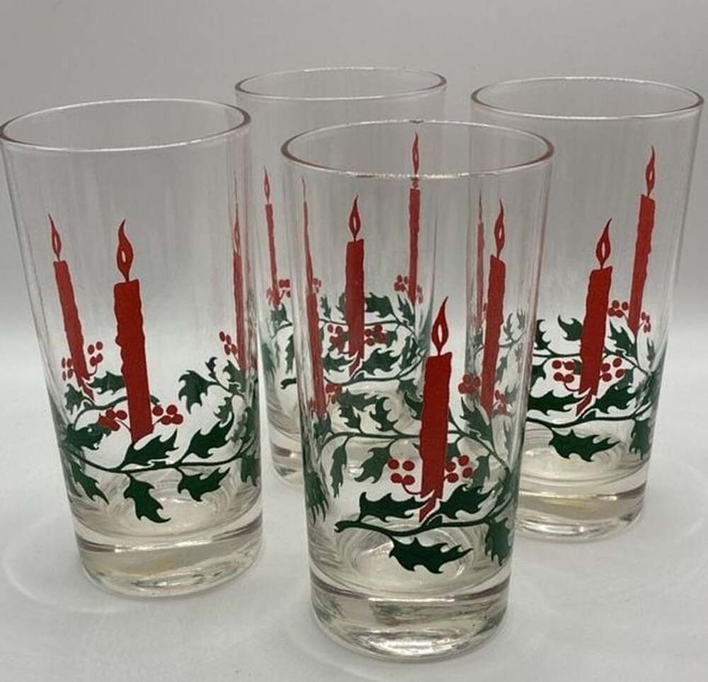 Vintage Christmas Tumblers, MCM Red Candle & Holly Glasses, Set of 6 - ,